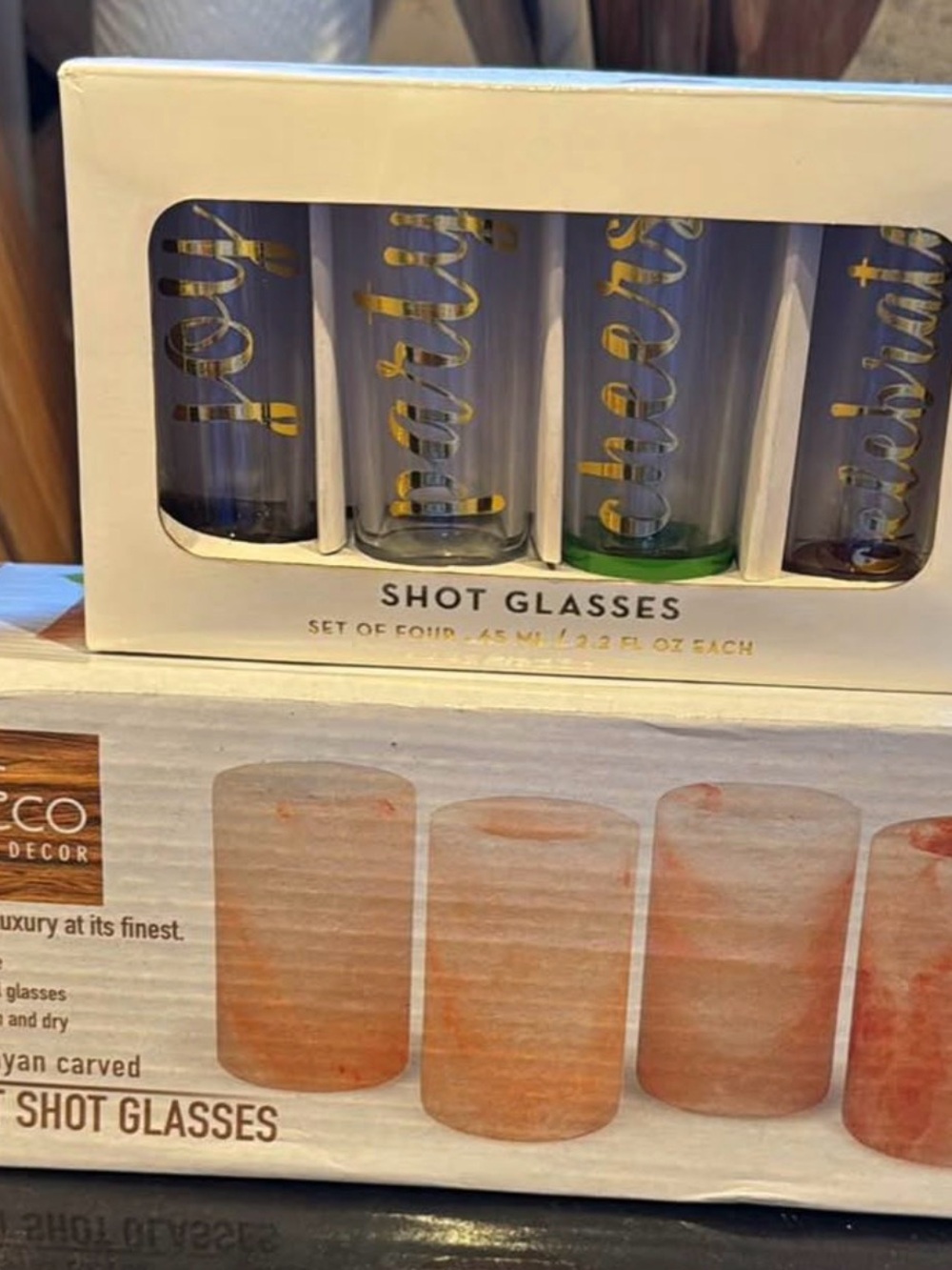 2 Sets of 4 Shot Glasses - Himalayan salt and Christmas